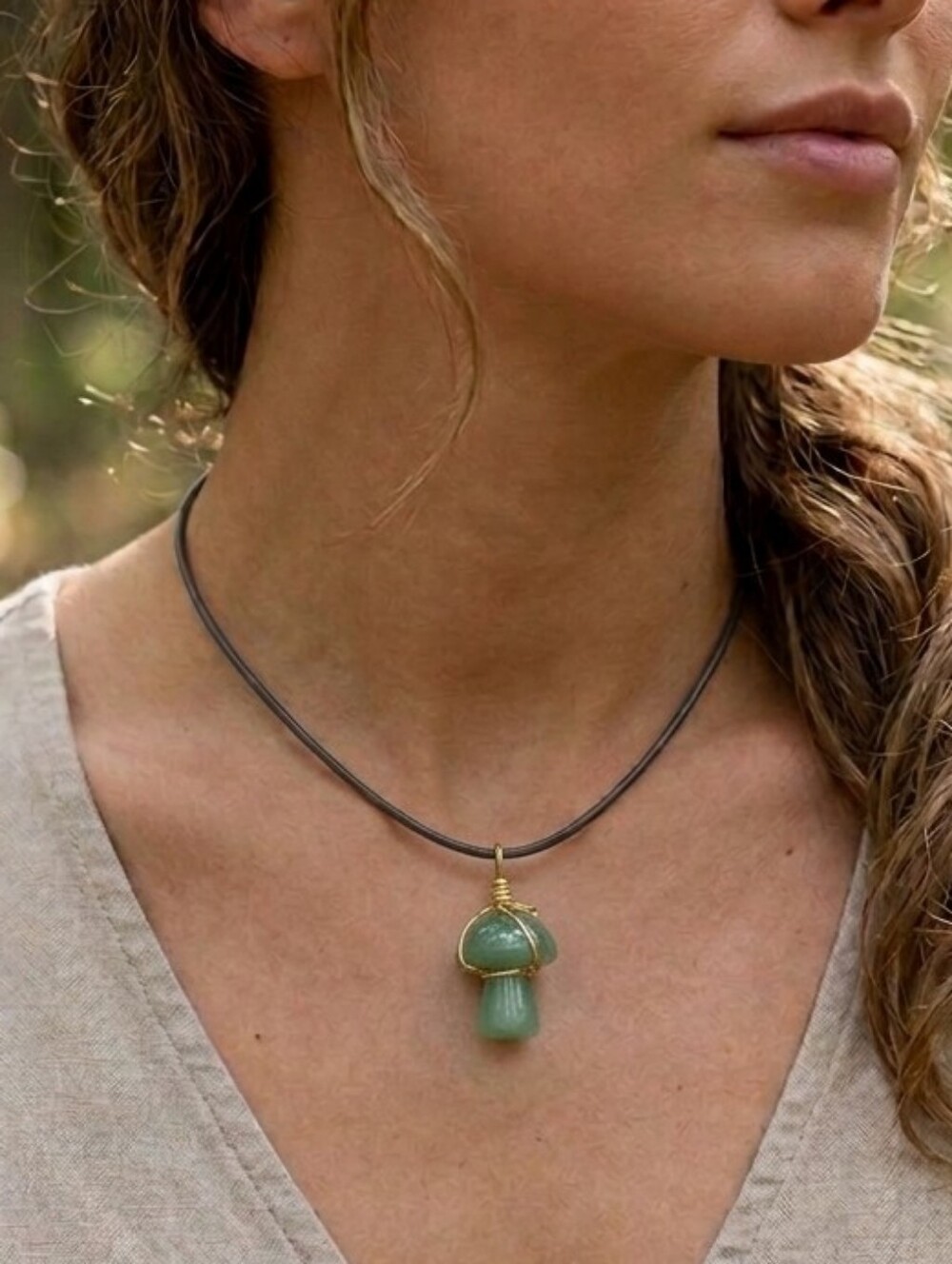 Handcrafted Aventurine Mushroom Necklace With 18-IN Cotton Wax Cord